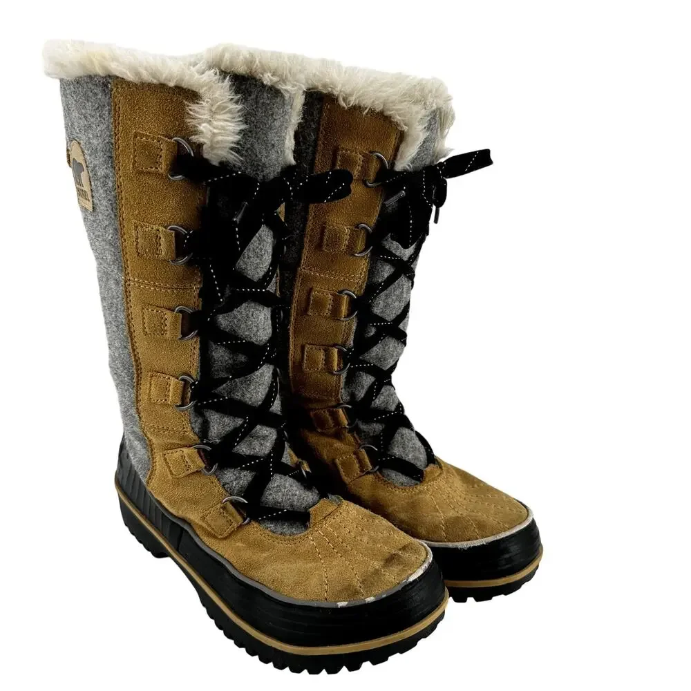 Sorel Tivoli High II Boots Suede Snow Lace Up Faux Fux Waterproof Curry Gray 9